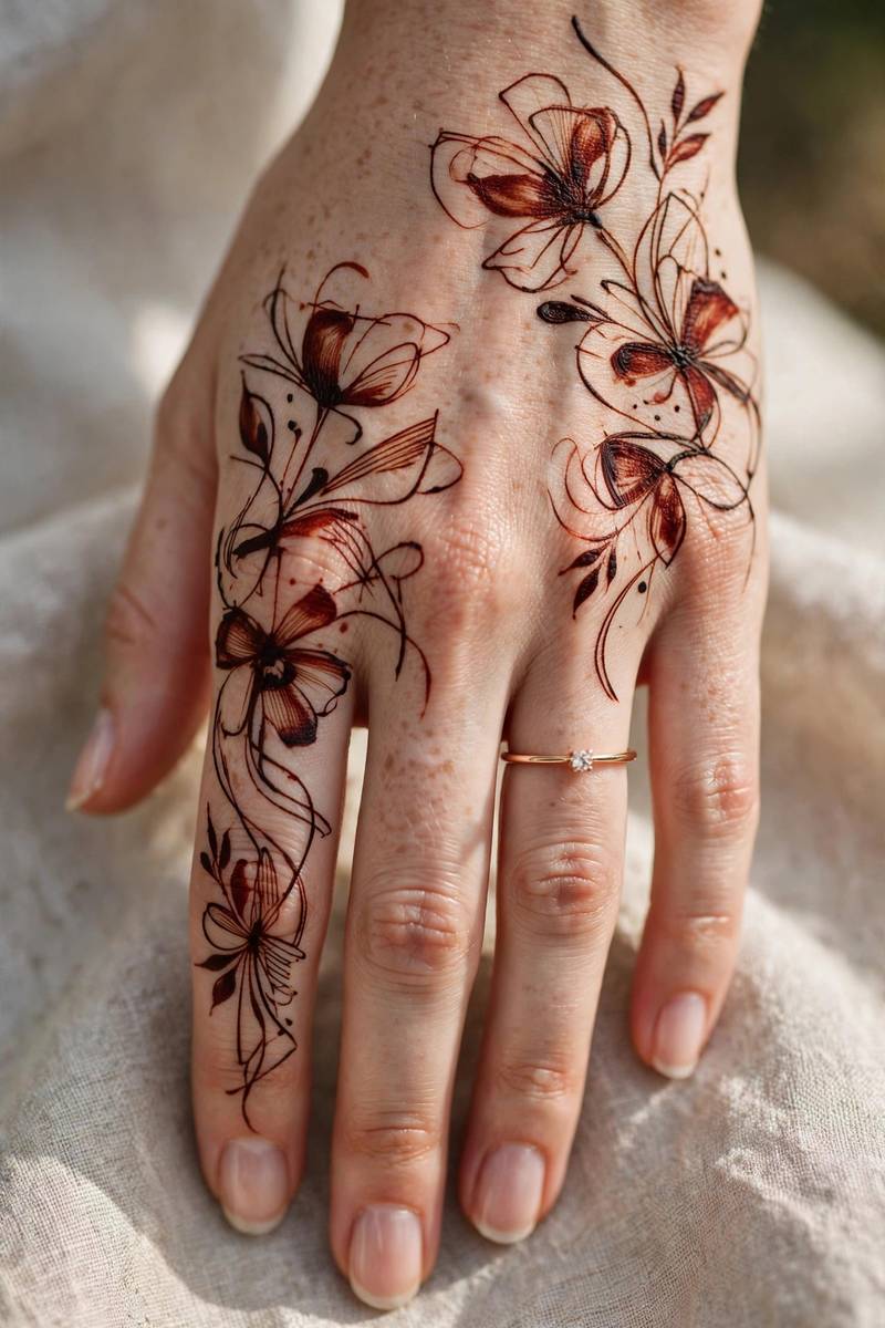 Modern bridal henna with abstract florals on back of hand
