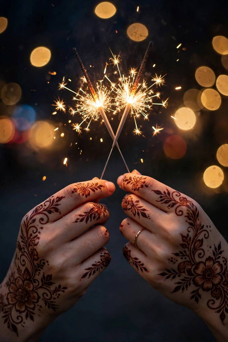 Festive New Year henna with florals, hands with sparklers