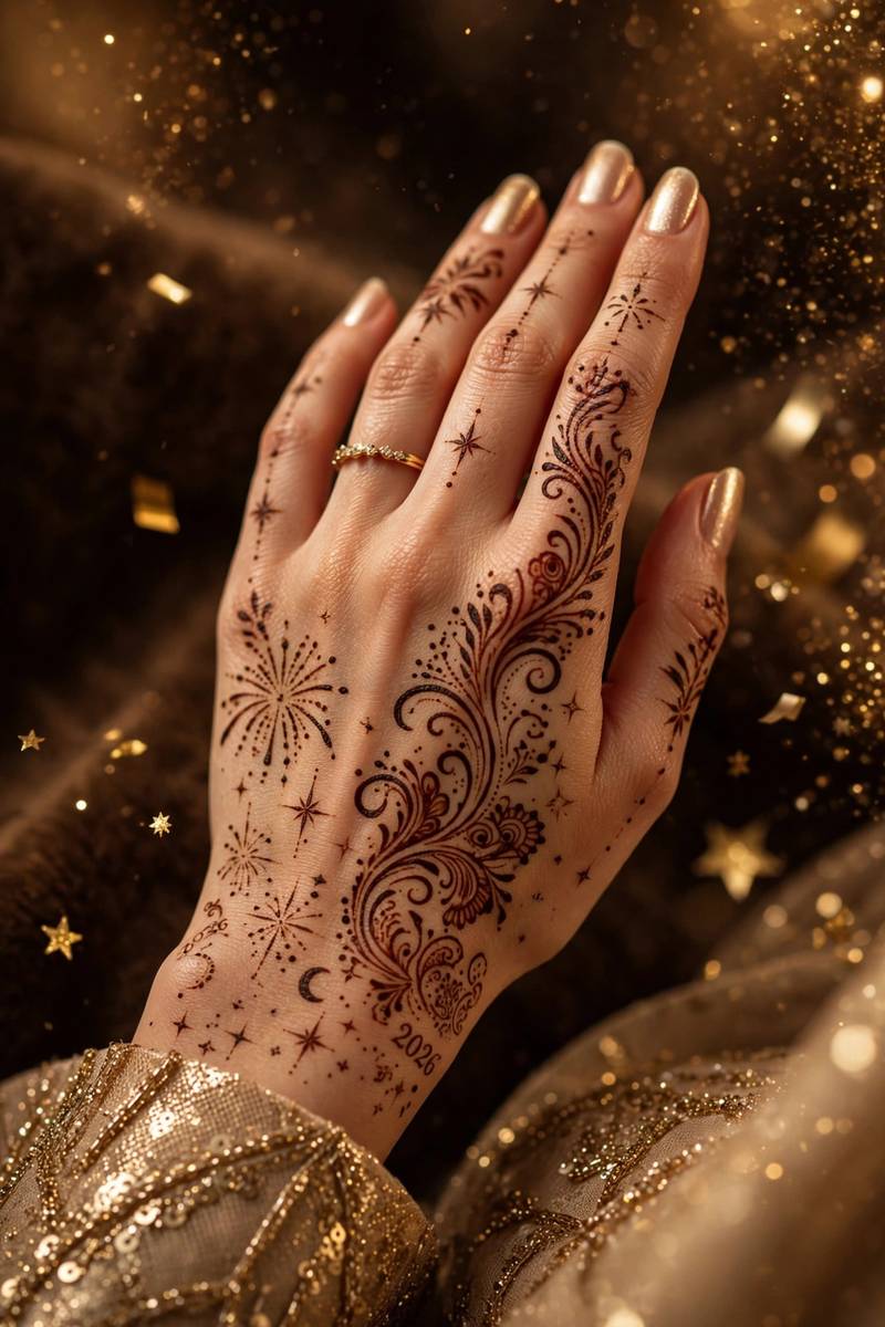 Elegant New Year henna on hand with champagne-gold styling