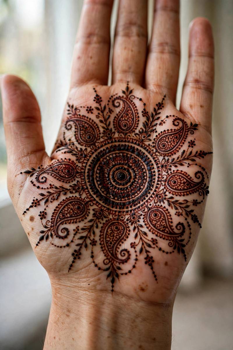 Pakistani bridal henna with bold gol tikki medallion on palm
