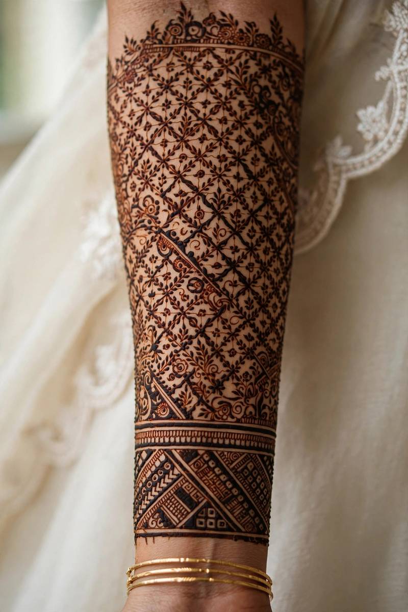 Dense floral bridal henna with phulkari embroidery-style flower motifs
