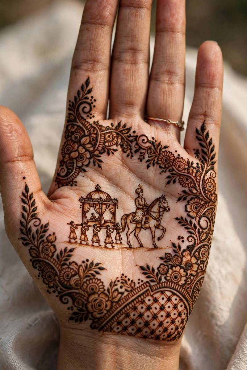 Richly detailed traditional bridal henna in Rajasthani dense style