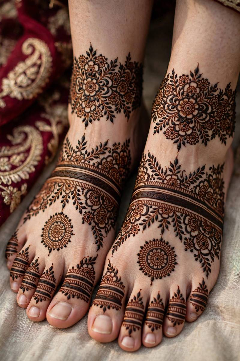 Traditional bridal henna with structured temple-style border bands