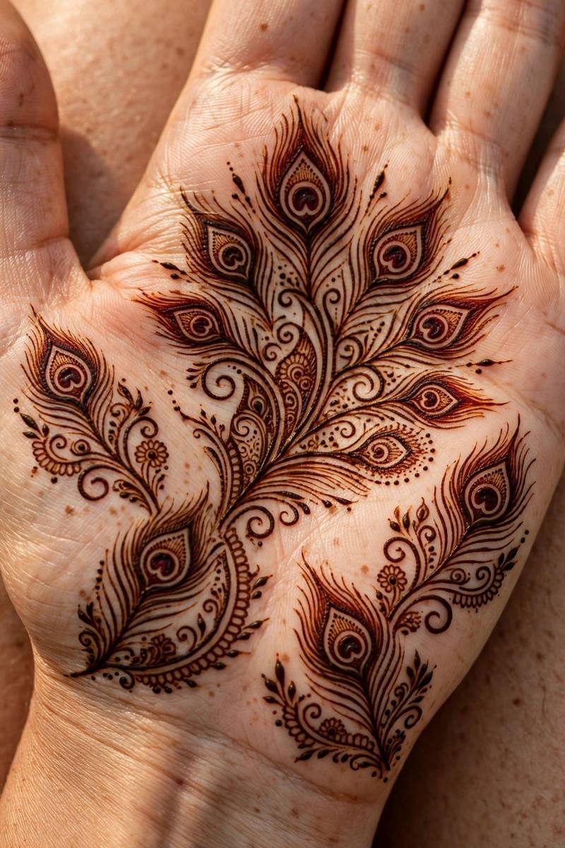 Peacock palm mehndi design with feather motifs