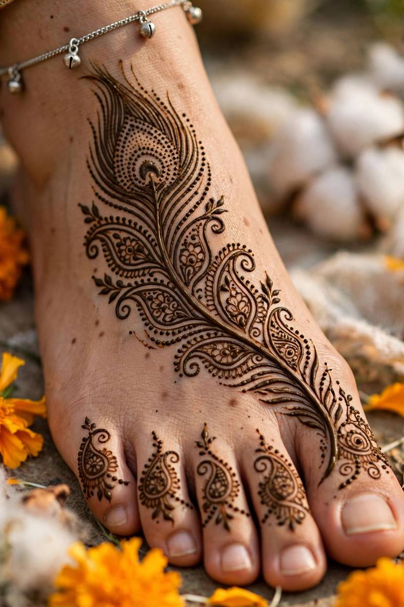 Peacock feather trailing across foot in Diwali mehndi design