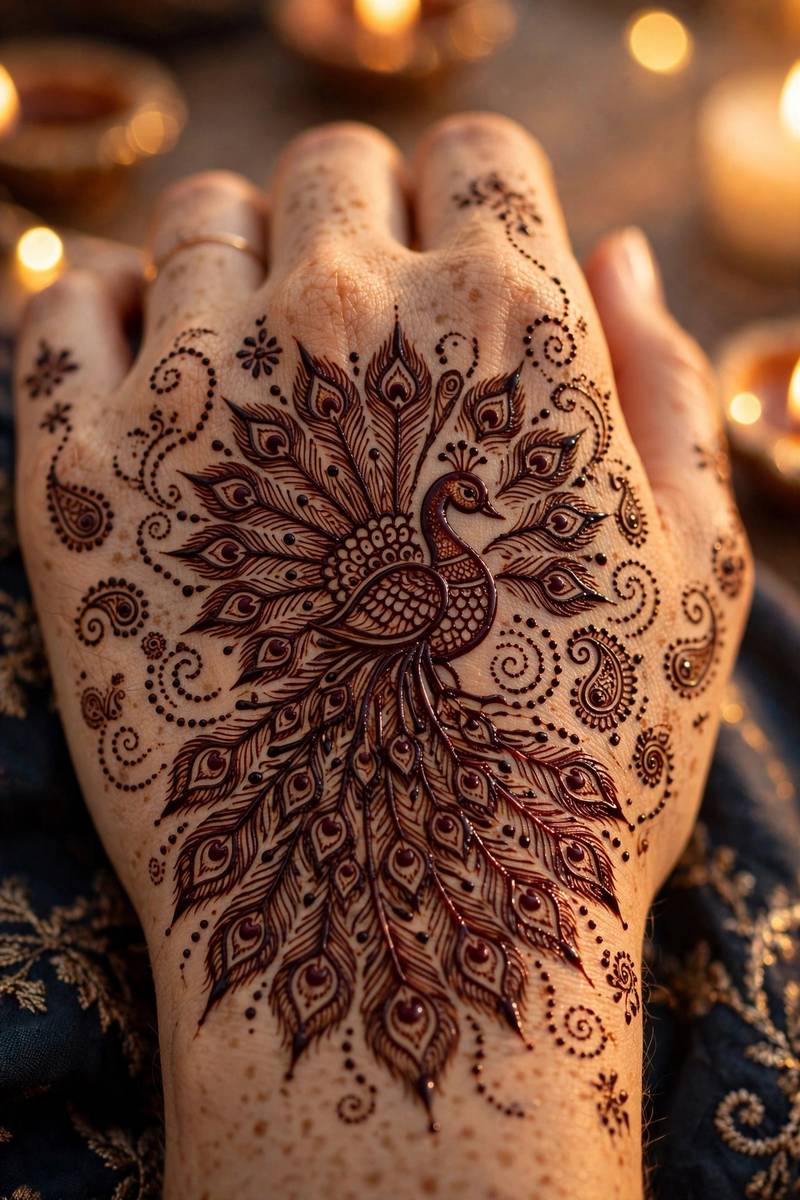 Detailed peacock centrepiece with fanned tail in Diwali mehndi