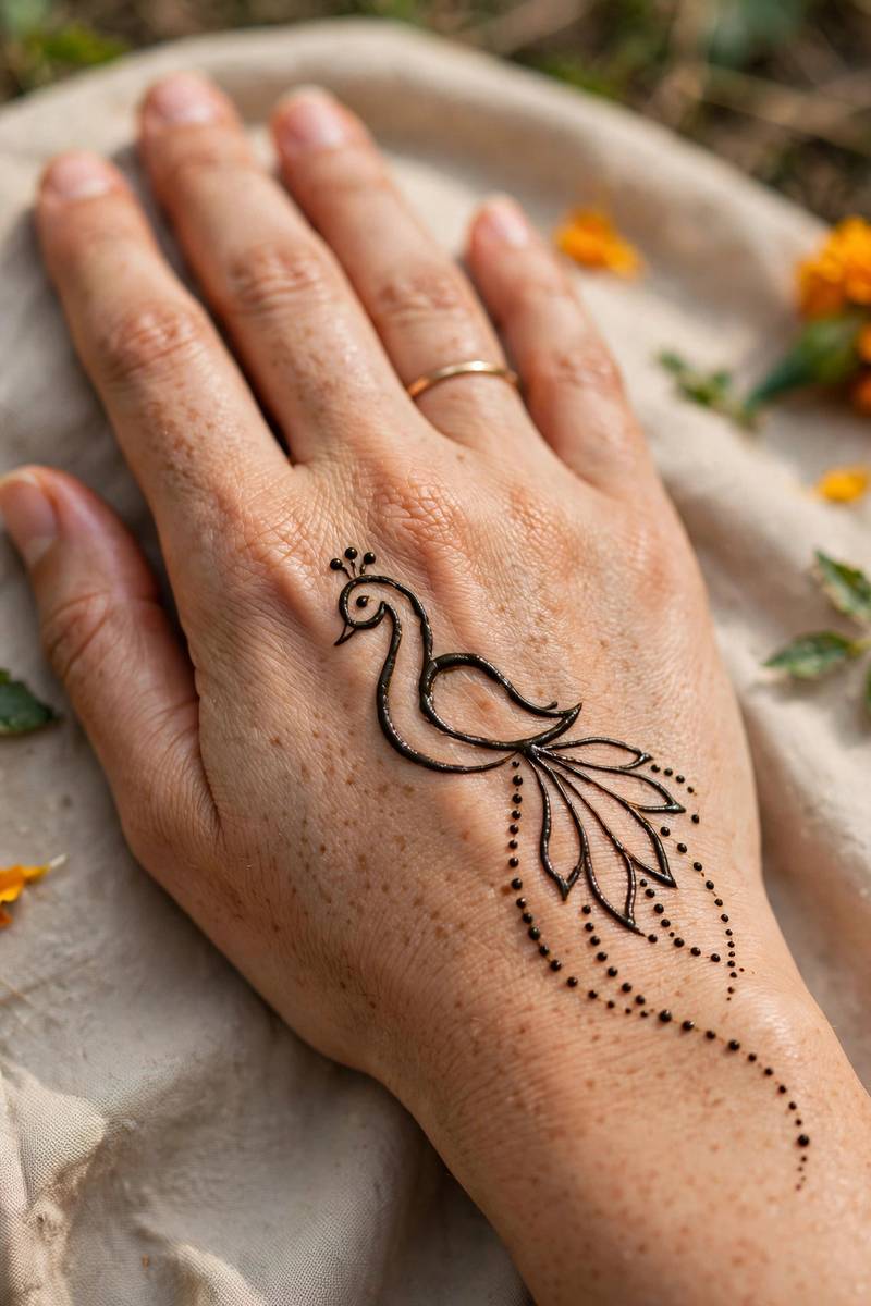 Simple stylised peacock outline in beginner Diwali mehndi