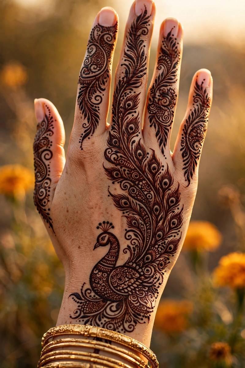 Grand bridal-style peacock flowing across hand and wrist in Diwali mehndi