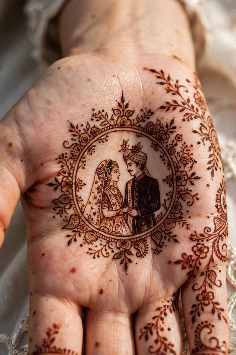 Bridal henna palm with detailed bride and groom portrait