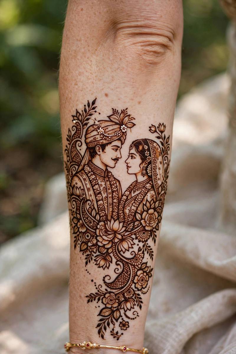Couple portrait in bridal henna on forearm framed by florals