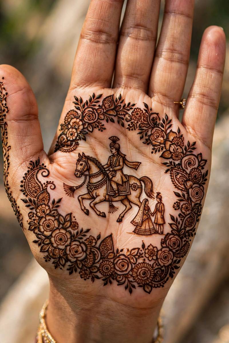Bridal henna with dulhan baraat scene and couple figures