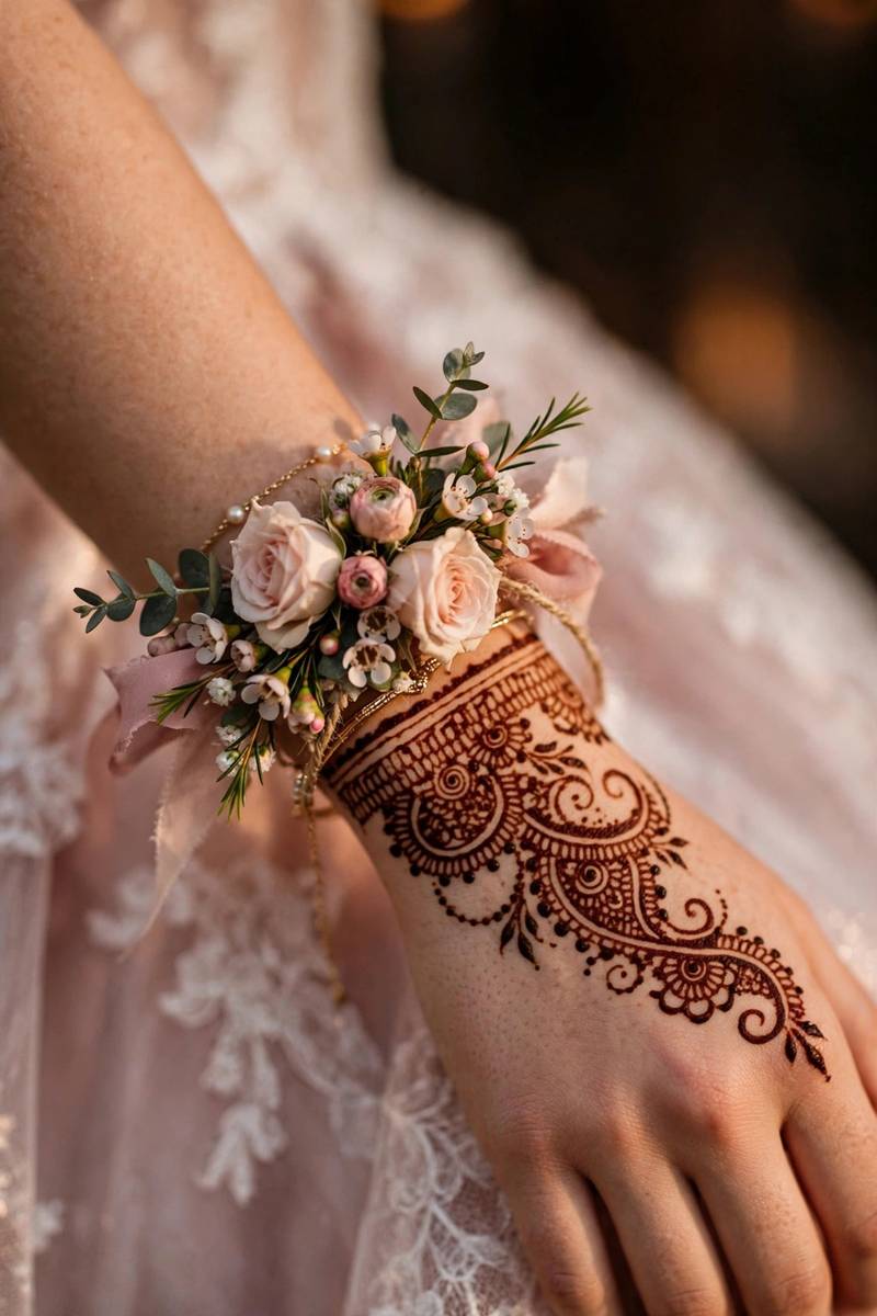 Chic prom henna styled with wrist corsage