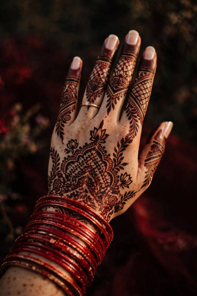 Deep red-brown bridal henna stain close-up with red bangles