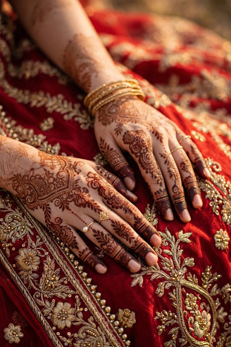 Bridal henna hands styled with red bridal lehenga fabric