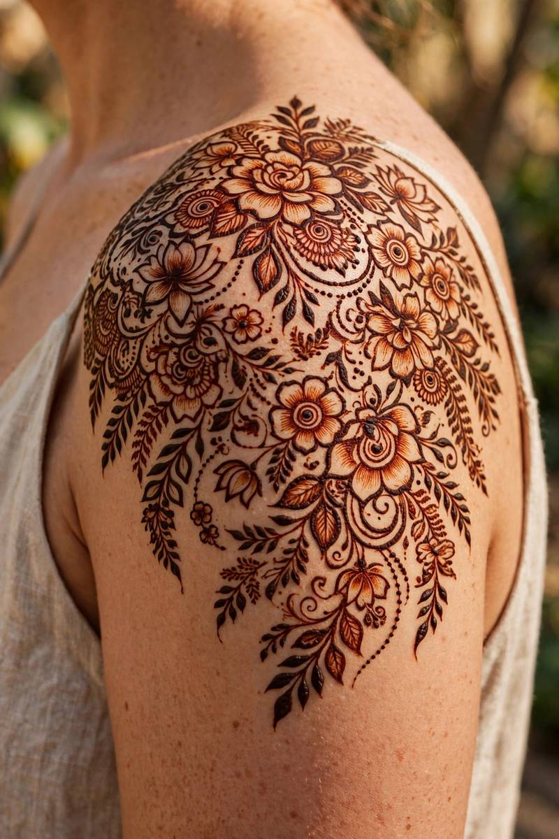 Floral shoulder cap mehndi design covering the shoulder