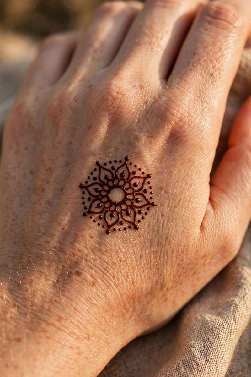 Simple mini mandala Eid mehndi design on the back of the hand