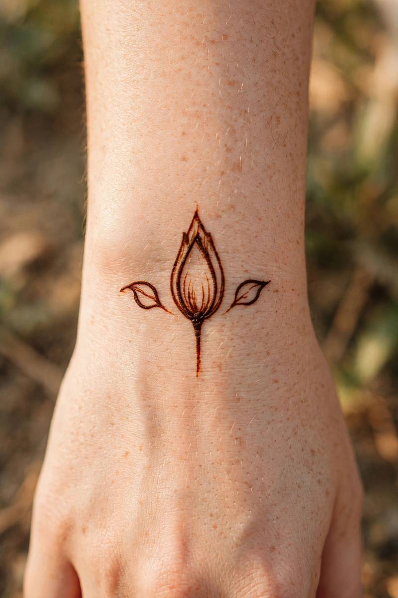 Simple lotus bud mehndi design on the wrist