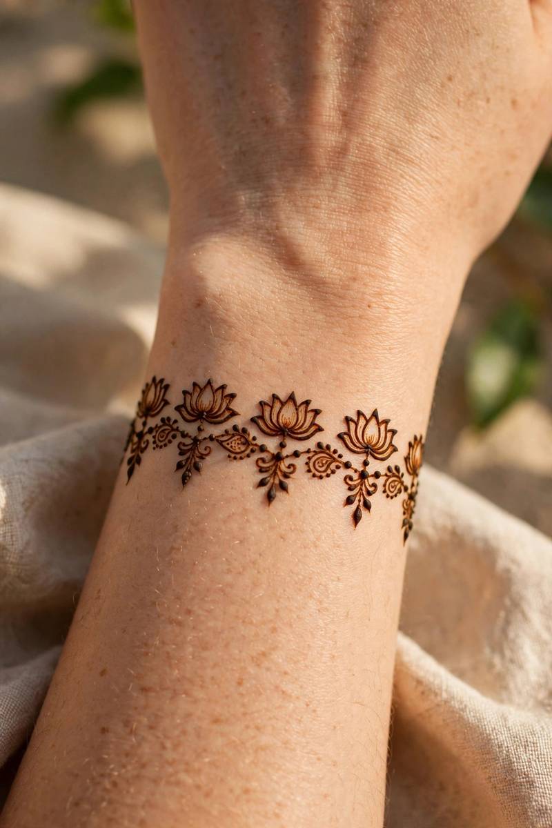 Simple lotus chain bracelet mehndi design around the wrist