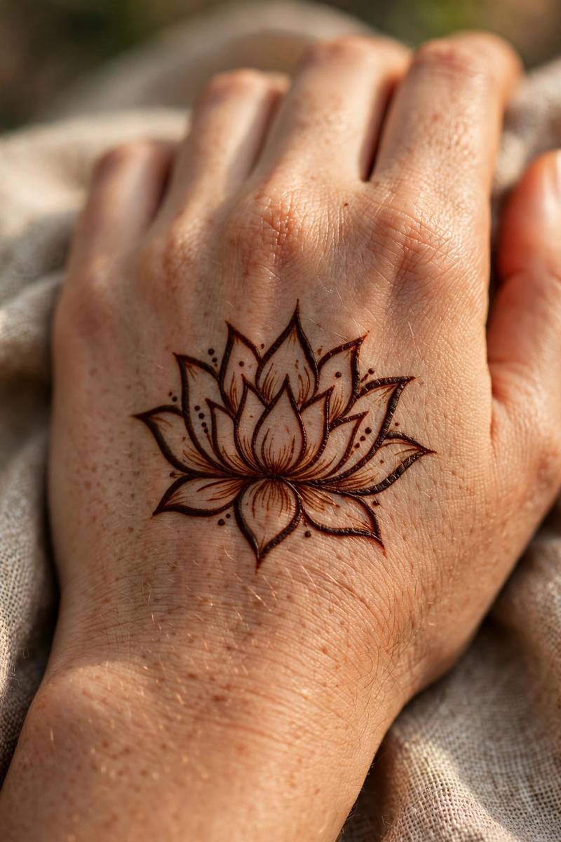 Simple layered lotus mehndi design on the back of the hand