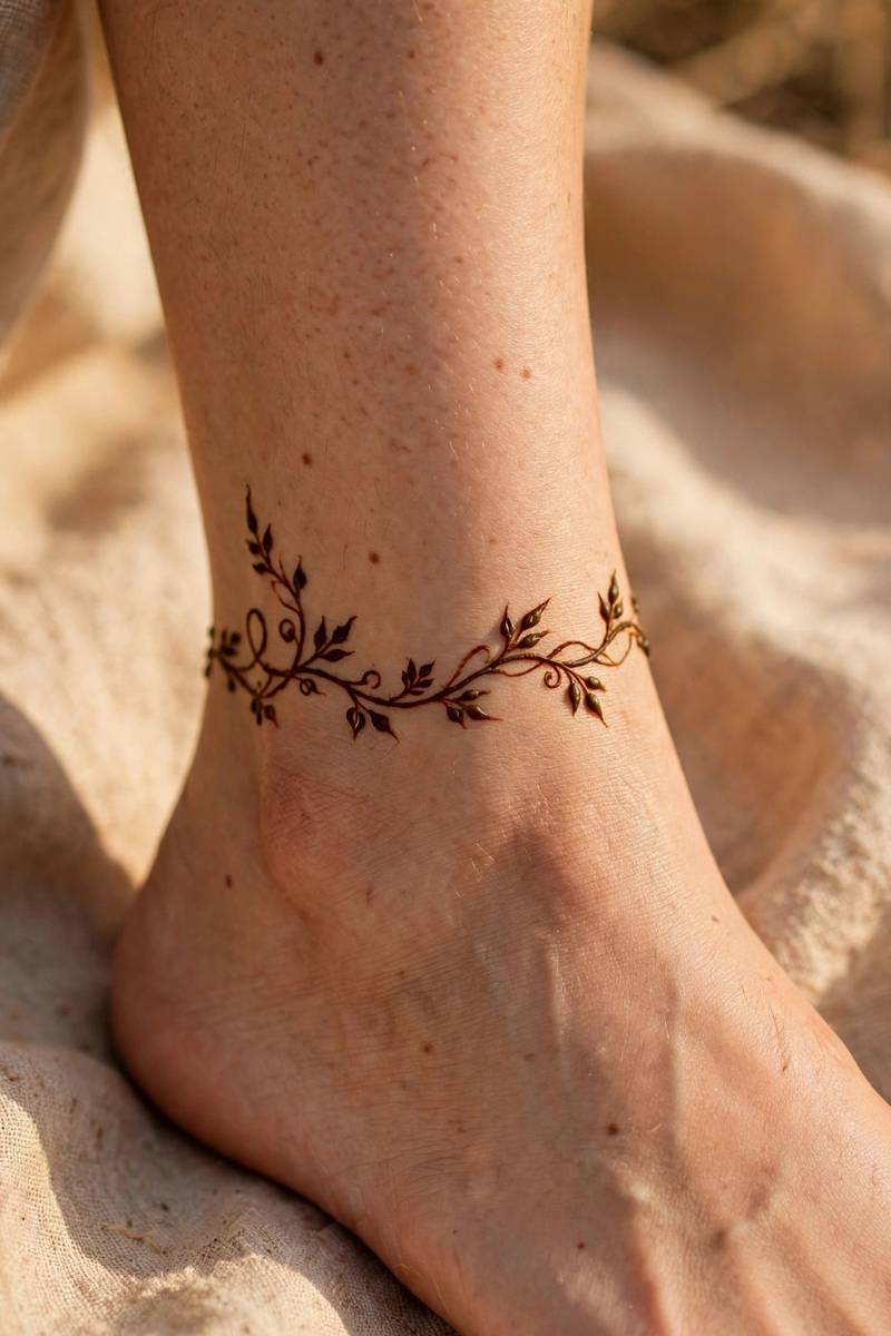 Simple vine mehndi design wrapping around the ankle