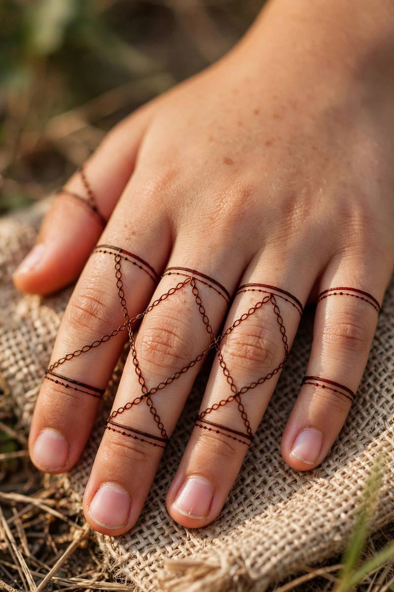 Simple chained ring mehndi designs on a girl's fingers
