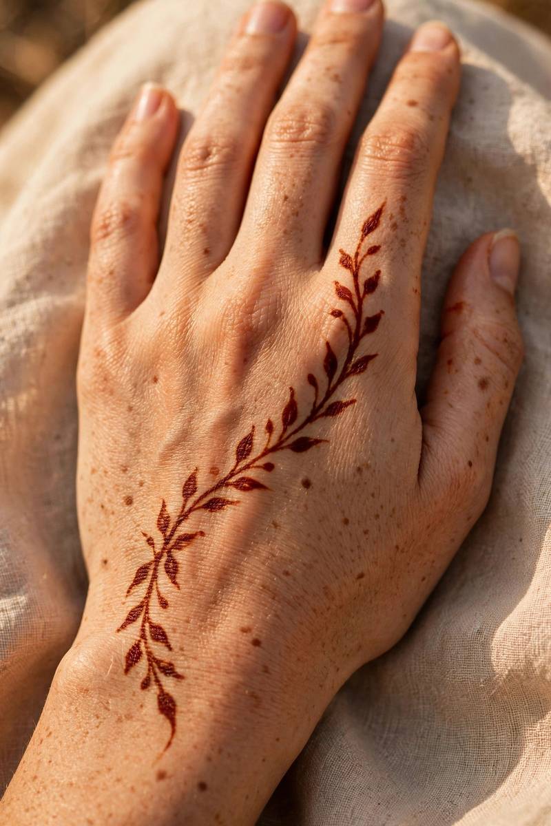 Simple leafy trail mehndi design across a girl's hand