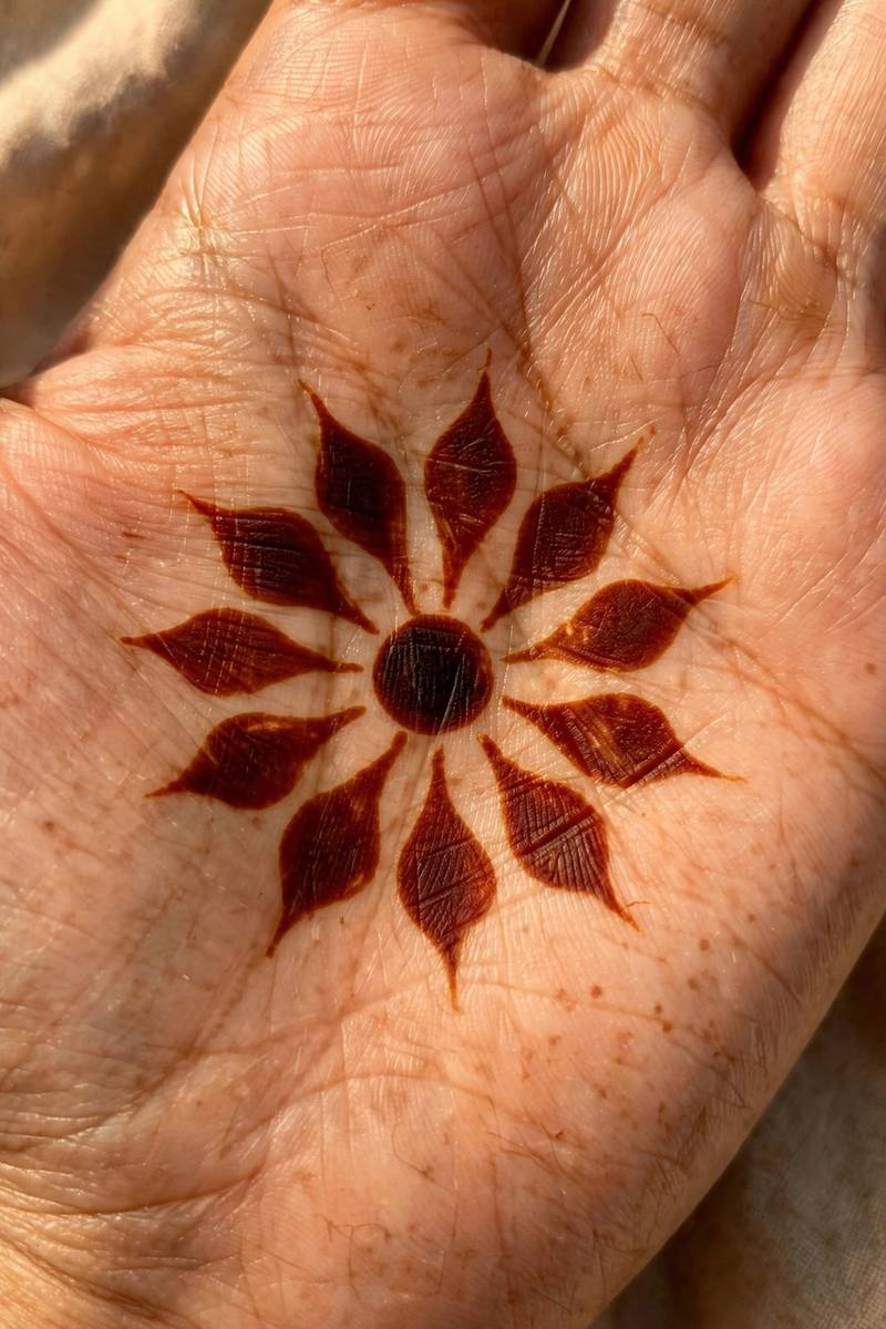 Tikki mehndi design with teardrop flower petals radiating around the centre