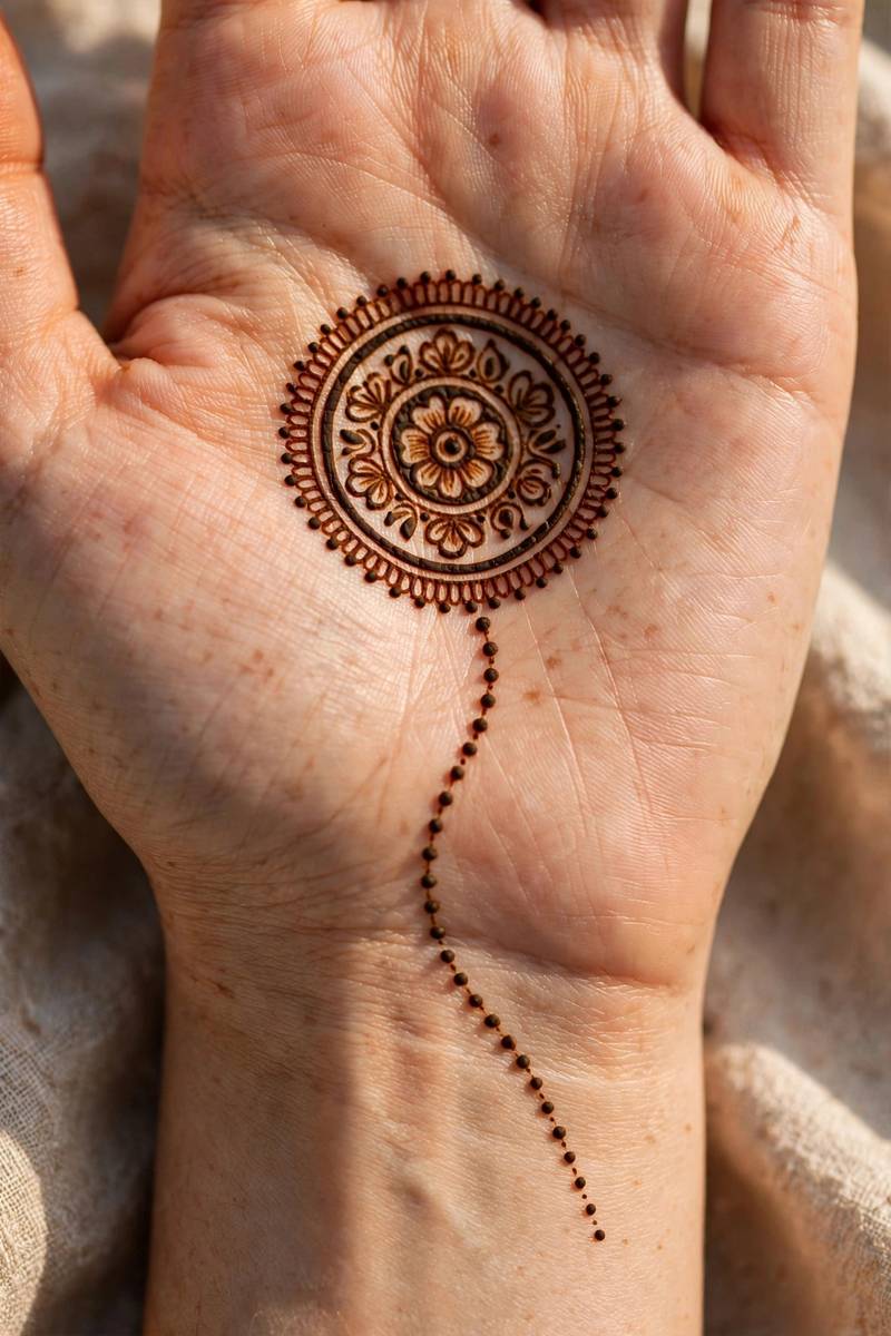 Tikki mehndi on the palm with a dotted trail leading to the wrist