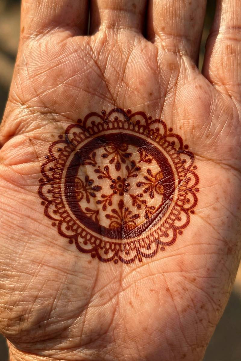 Tikki mehndi with a delicate lace scalloped edge border on the palm