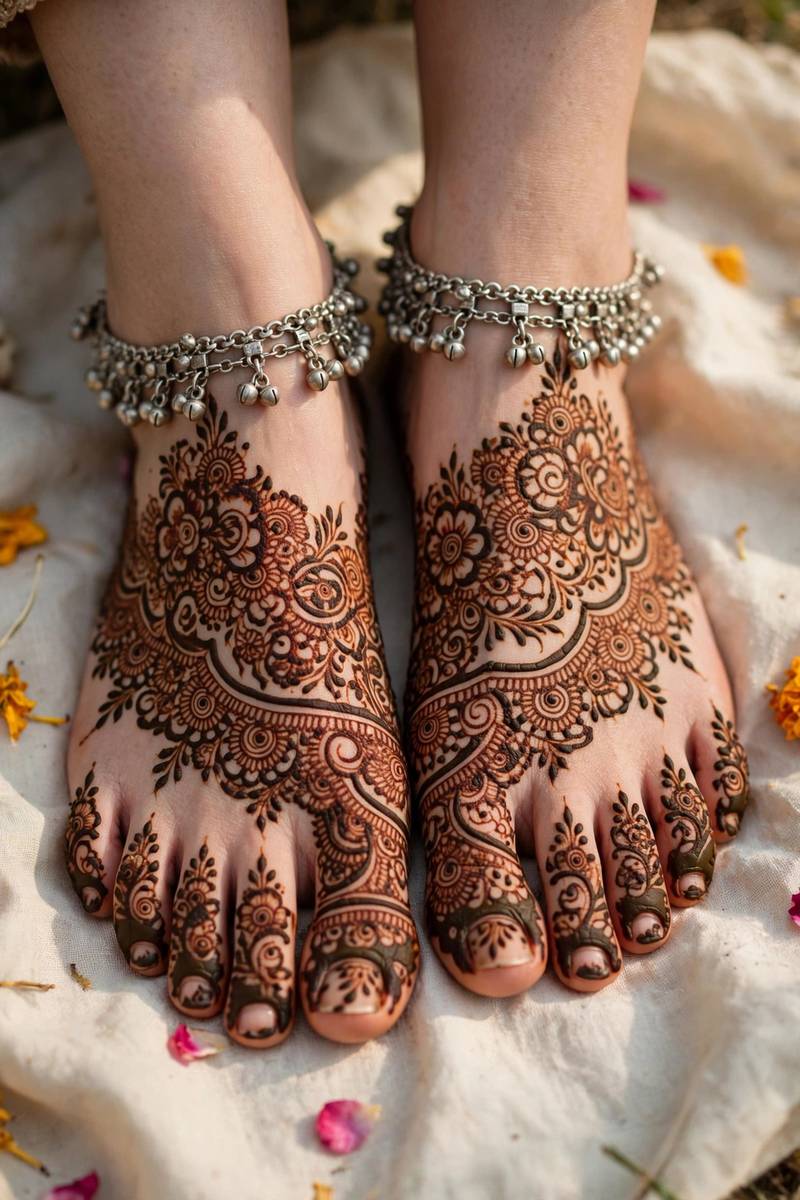 Traditional bridal henna on feet with payal-style anklet bands