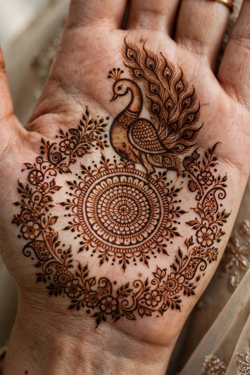 Traditional bridal mehndi palm with peacock motif and central mandala