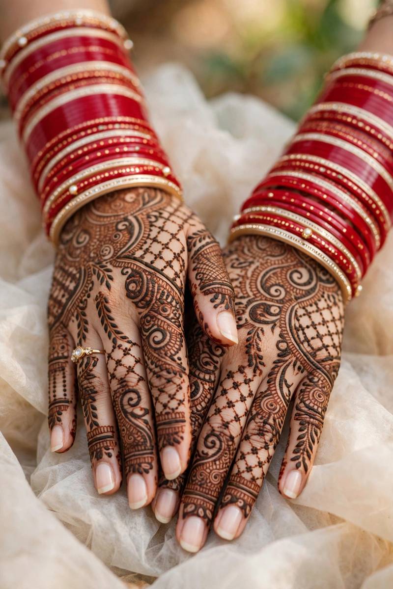 Bride's hands with dense traditional henna styled with red bridal bangles
