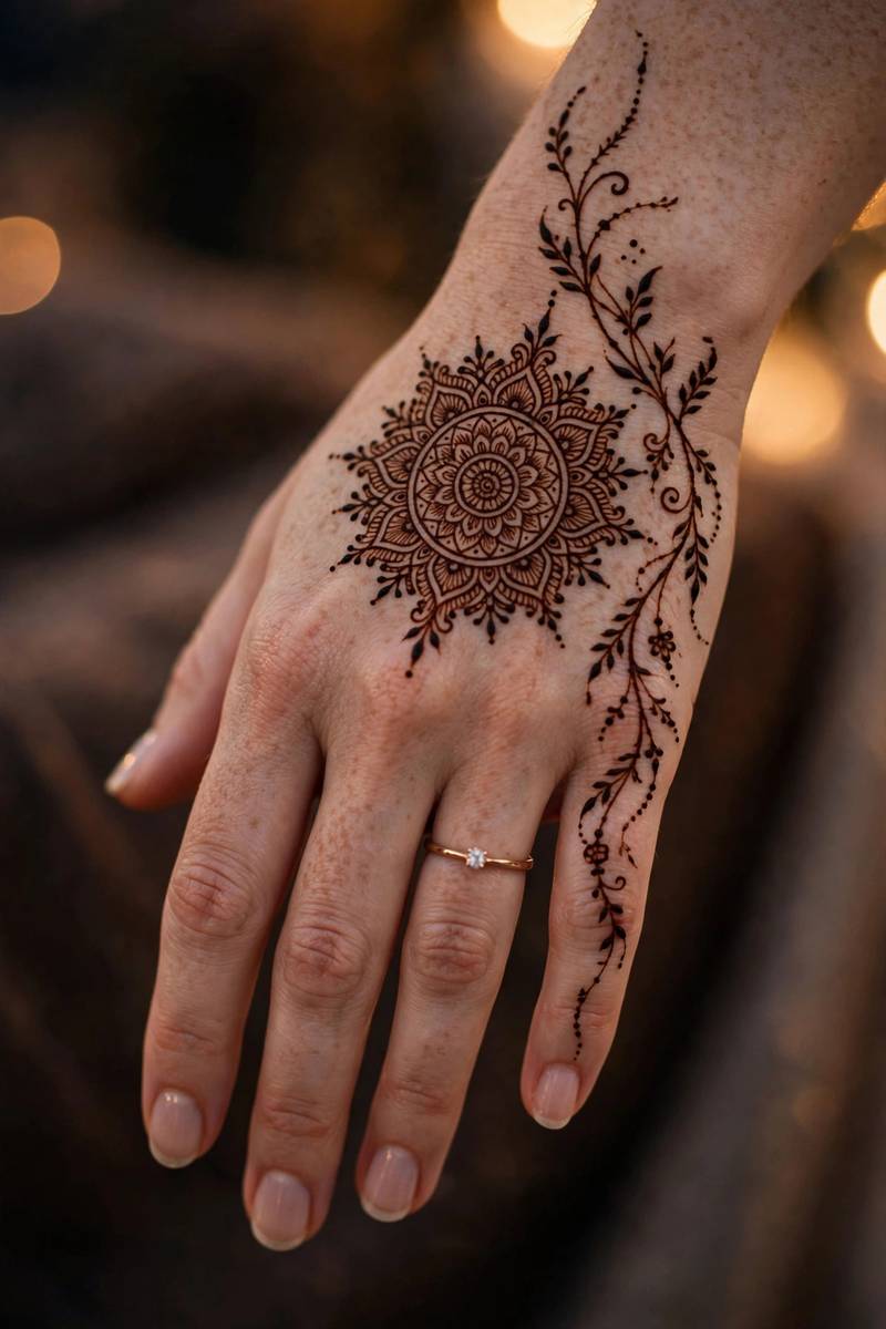 Refined back-of-hand walima henna design for evening reception