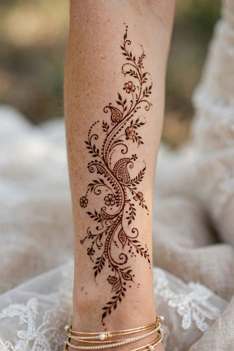 Graceful forearm trail walima henna, lighter bridal-elegant style