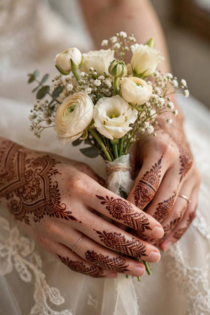 Hands holding bouquet with delicate walima henna