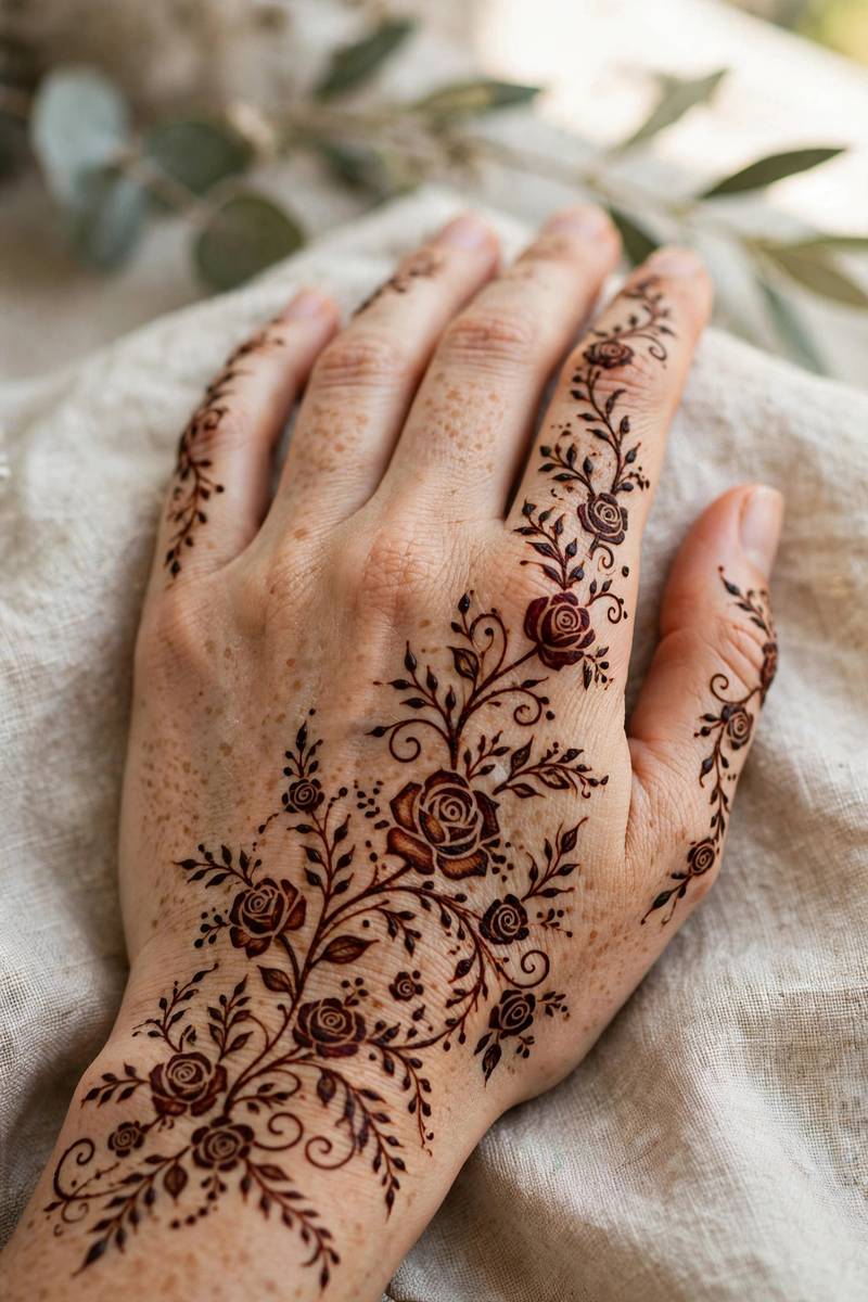 Elegant moderate floral wedding guest henna on hand