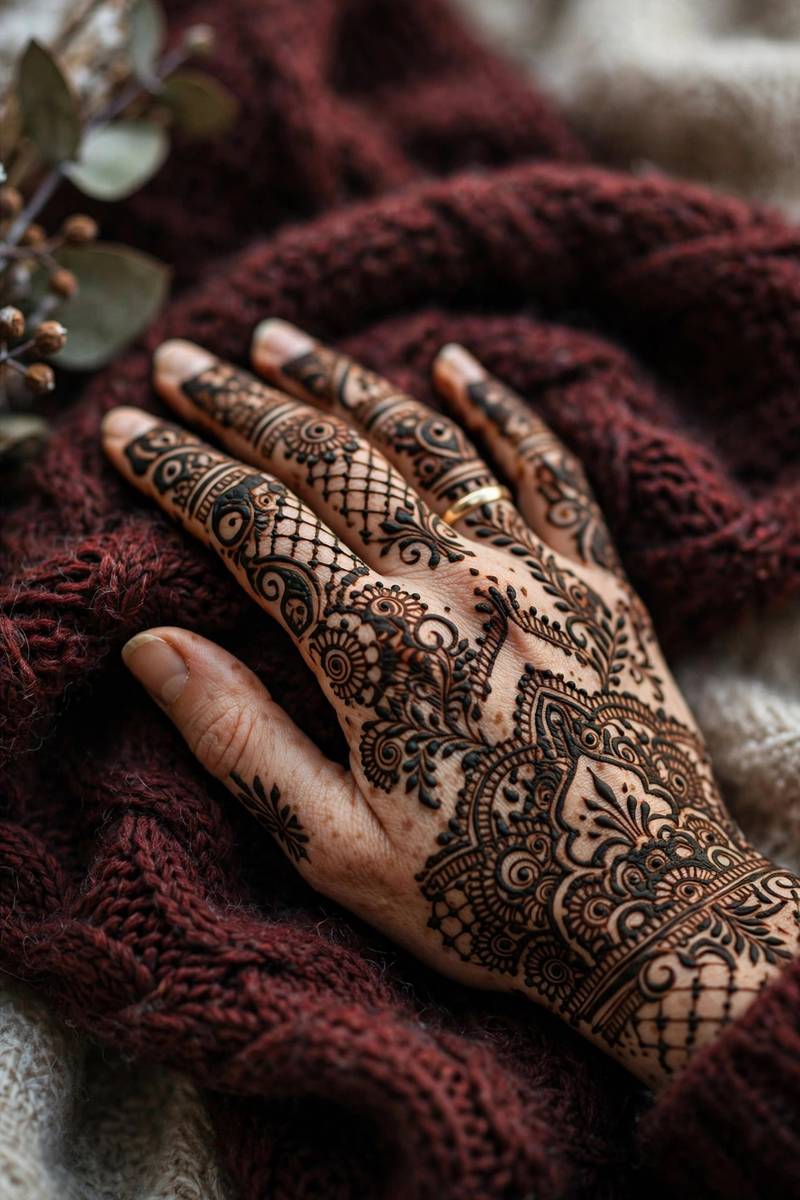 Dense bridal henna hand with deep stain in cosy winter styling